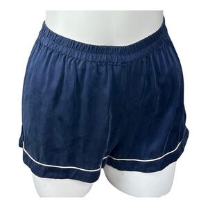 QUINCE 100% Silk Washable Navy Blue Pull-on Sleep Shorts XS White Piping Lounge